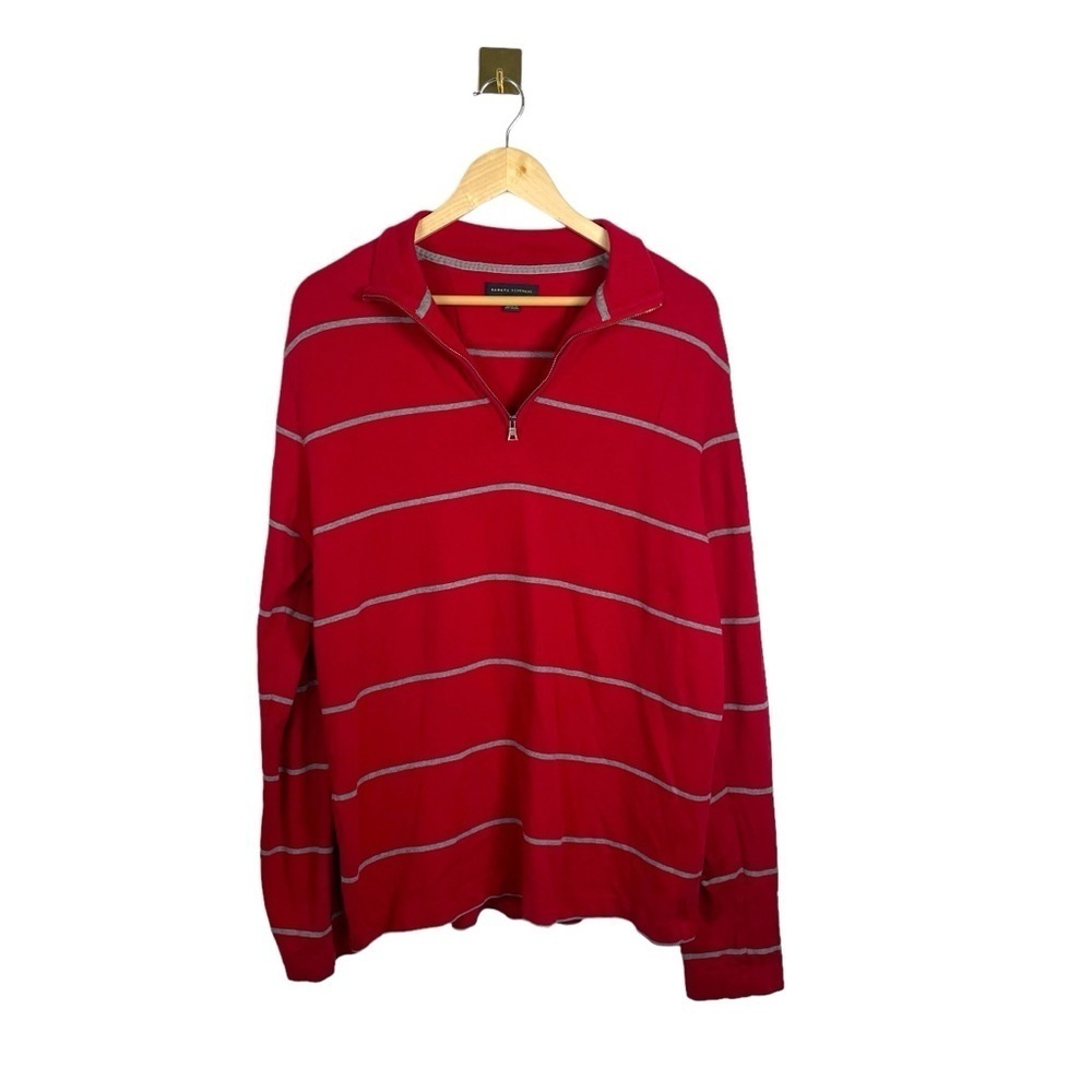 Banana Republic Mens Red Gray Striped Cotton Quarter Zip Pullover Sweater Size L